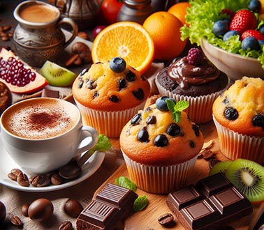 Varios muffins acompañados de café, chocolate, ensalada y frutas